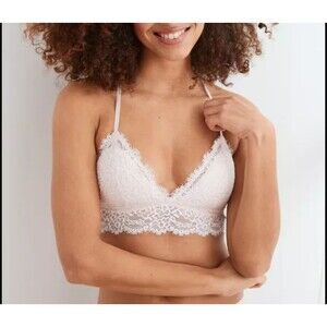 Aerie Eyelash Lace Bralette Womens L Ivory Racerback Wireless Padded Sexy